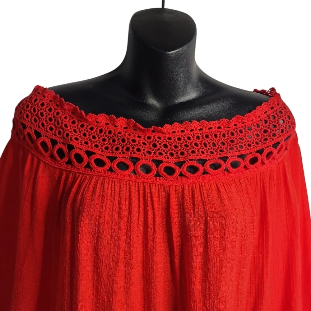 AGB Women's Red Off the Shoulder Embroidered 3/4 Sleeves Top Blouse Size Small - Picture 3 of 10